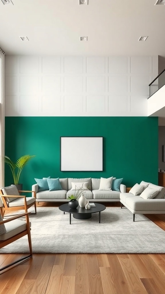 Modern living room featuring an emerald green accent wall with light furniture and wooden flooring.