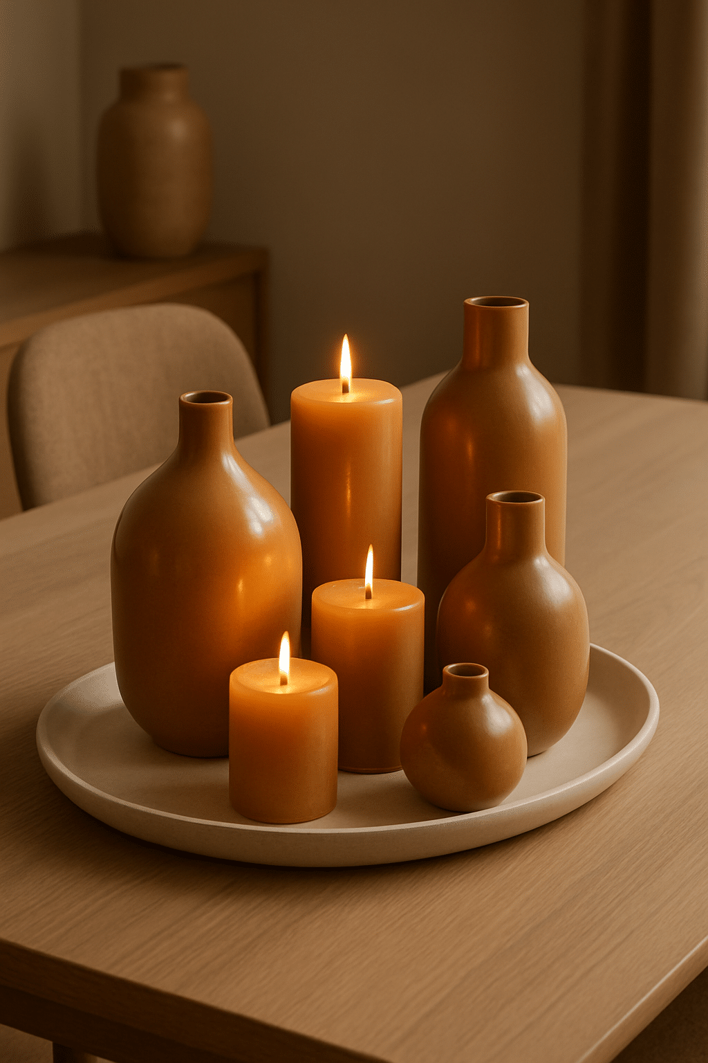 A collection of caramel-colored vases and candles on a tray, creating a warm centerpiece for a dining room.