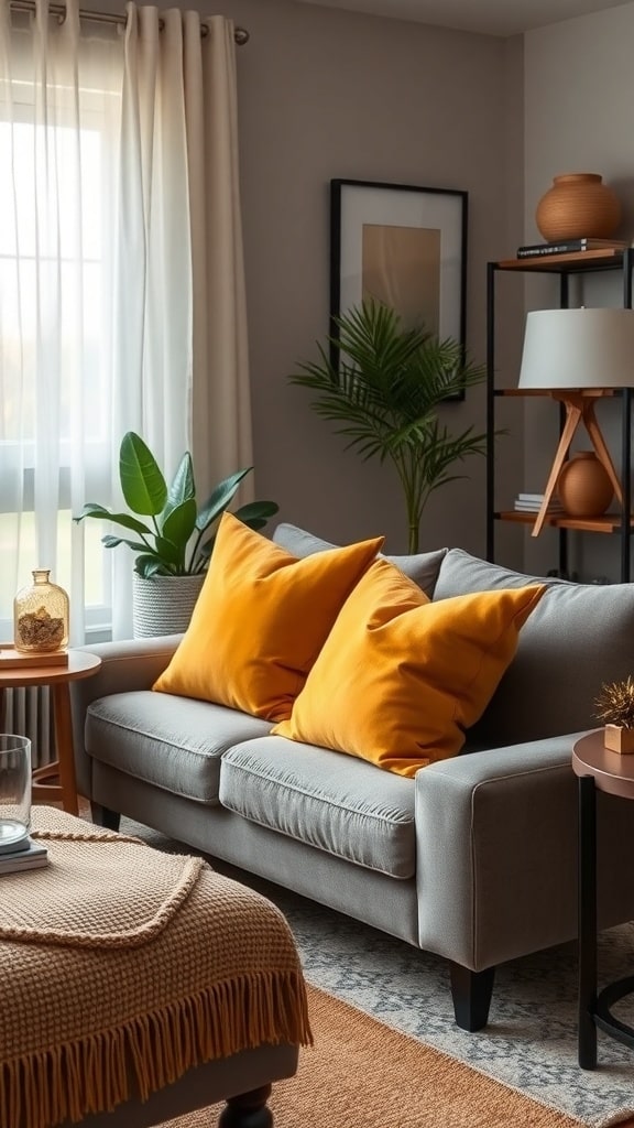 Cozy living room with gray sofa and mustard yellow throw pillows