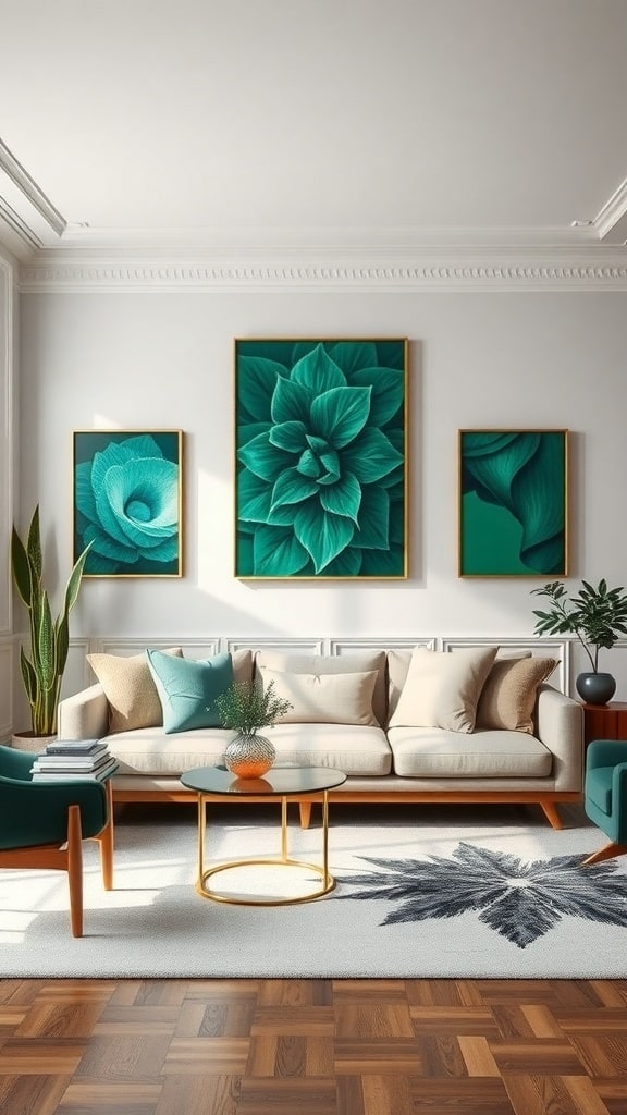 A modern living room featuring emerald green floral artwork on the walls, a beige sofa, and green accent chairs.