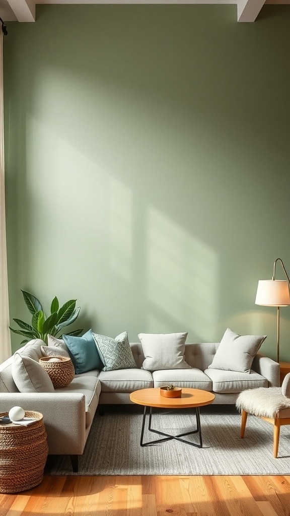 A cozy living room featuring a sage green accent wall, light gray sofa, wooden coffee table, and plants.