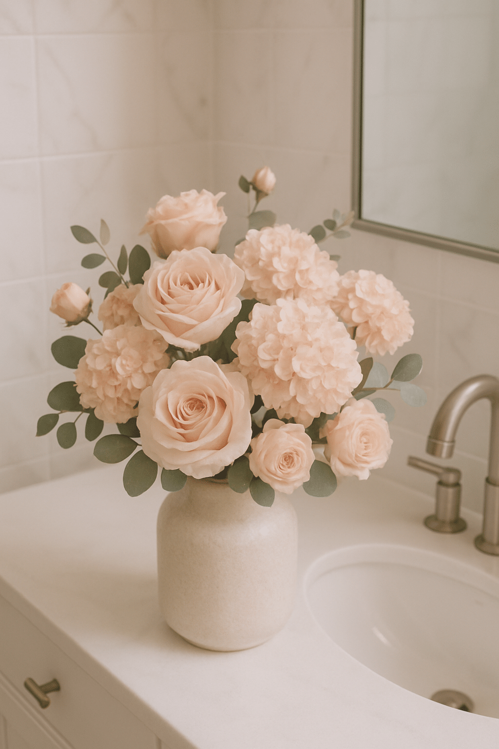 A beautiful arrangement of blush pink roses and hydrangeas in a vase on a bathroom counter.