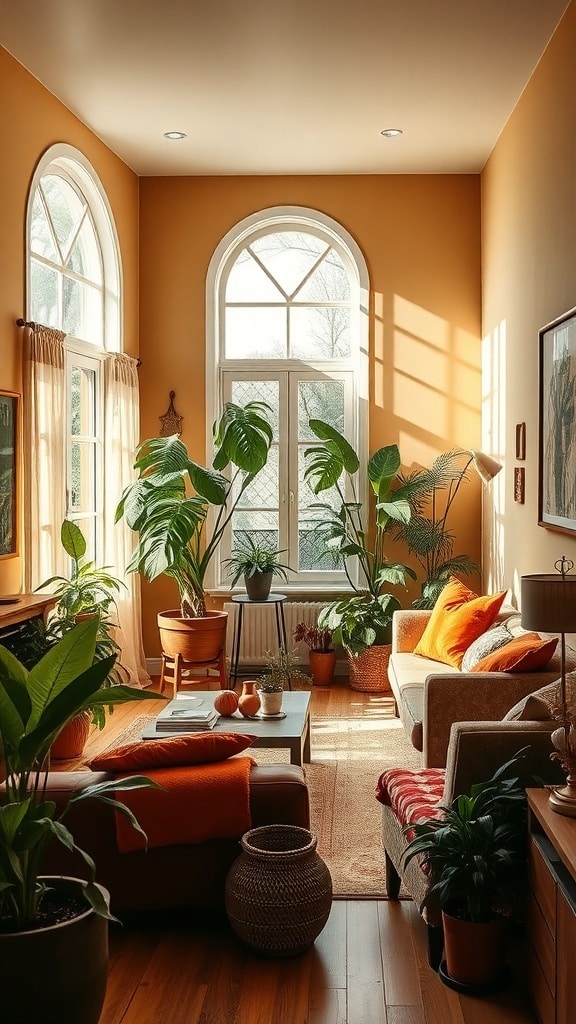 A cozy living room with earthy ochre yellow walls, large windows, and various indoor plants.
