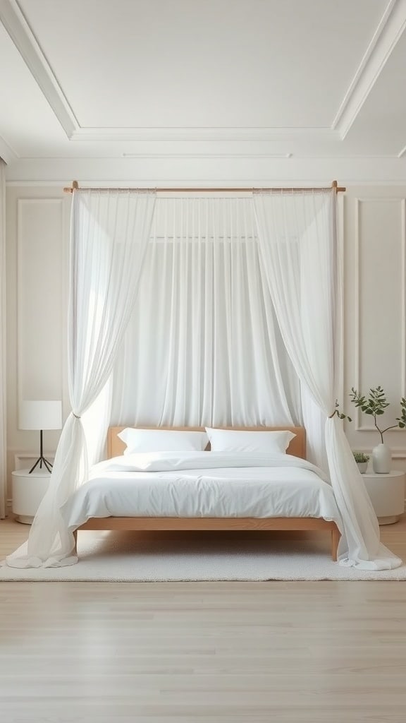 A minimalist white canopy bed with sheer curtains in a bright bedroom