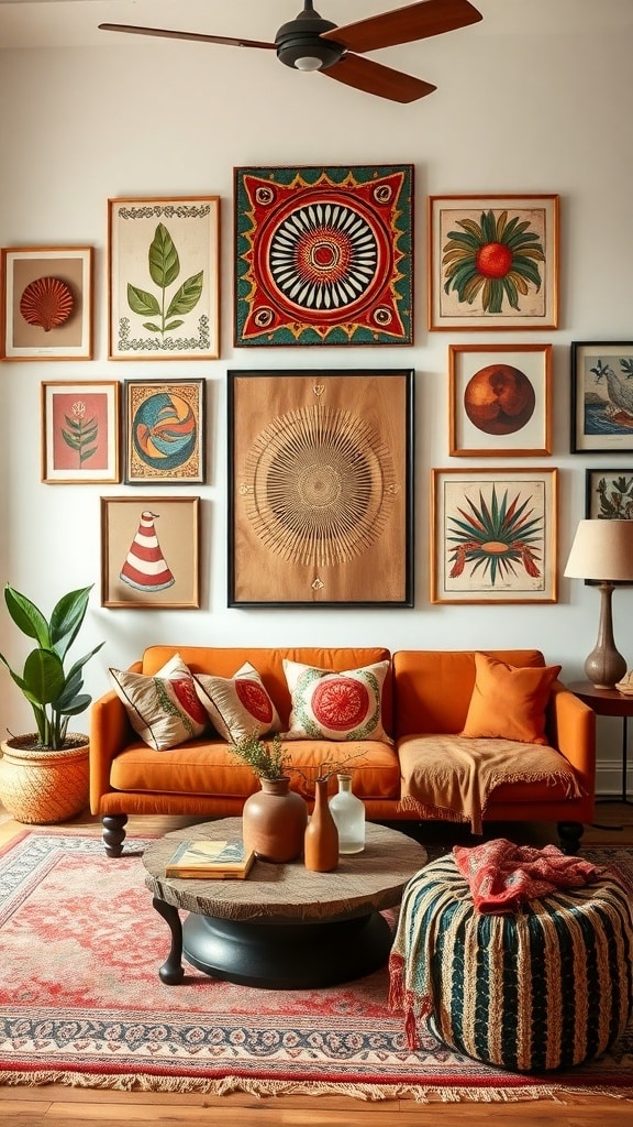 A living room featuring a terracotta sofa and an eclectic display of colorful artwork on the wall.