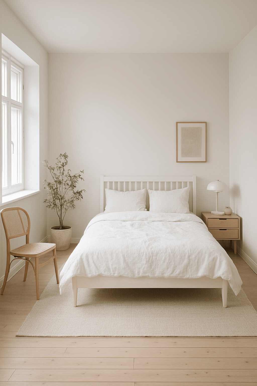 A minimalist Scandinavian bedroom featuring a white bed, wooden chair, and potted plant.
