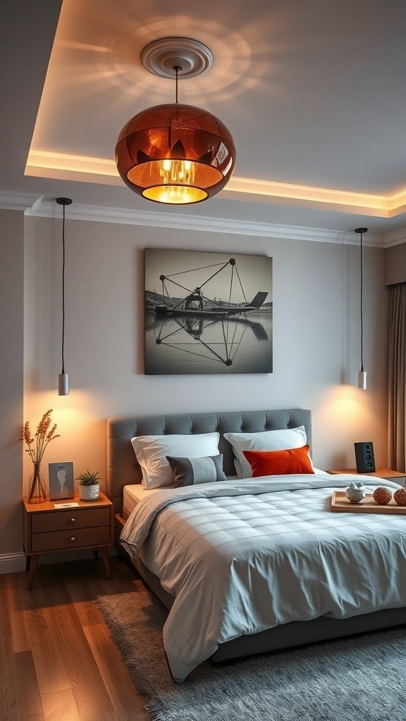 A cozy bedroom featuring a chocolate-inspired pendant light, warm tones, and modern decor.