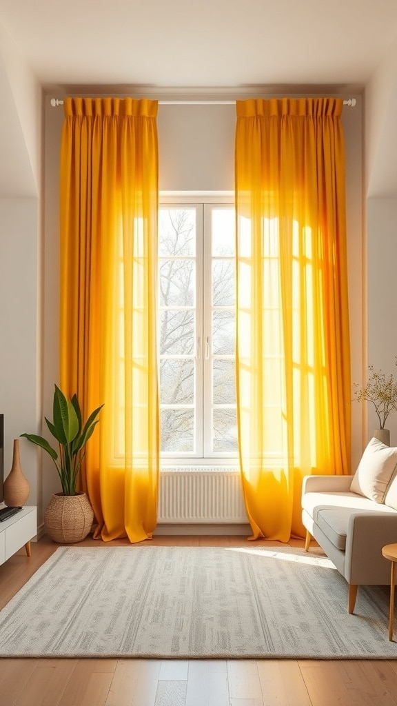 Living room with mustard yellow curtains, a light sofa, and a plant by the window.