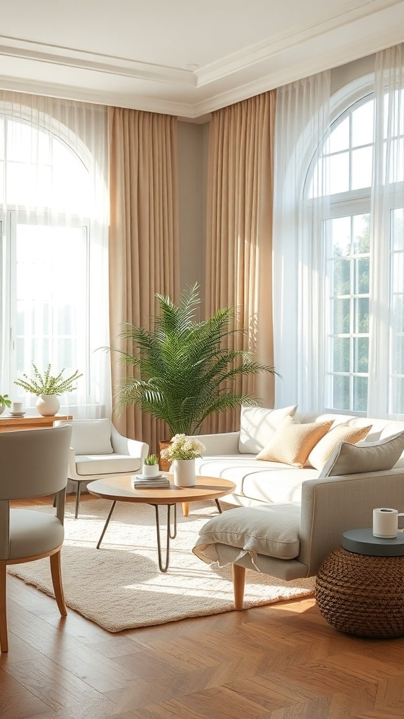 A bright living room with large windows, soft curtains, neutral furniture, and plants.