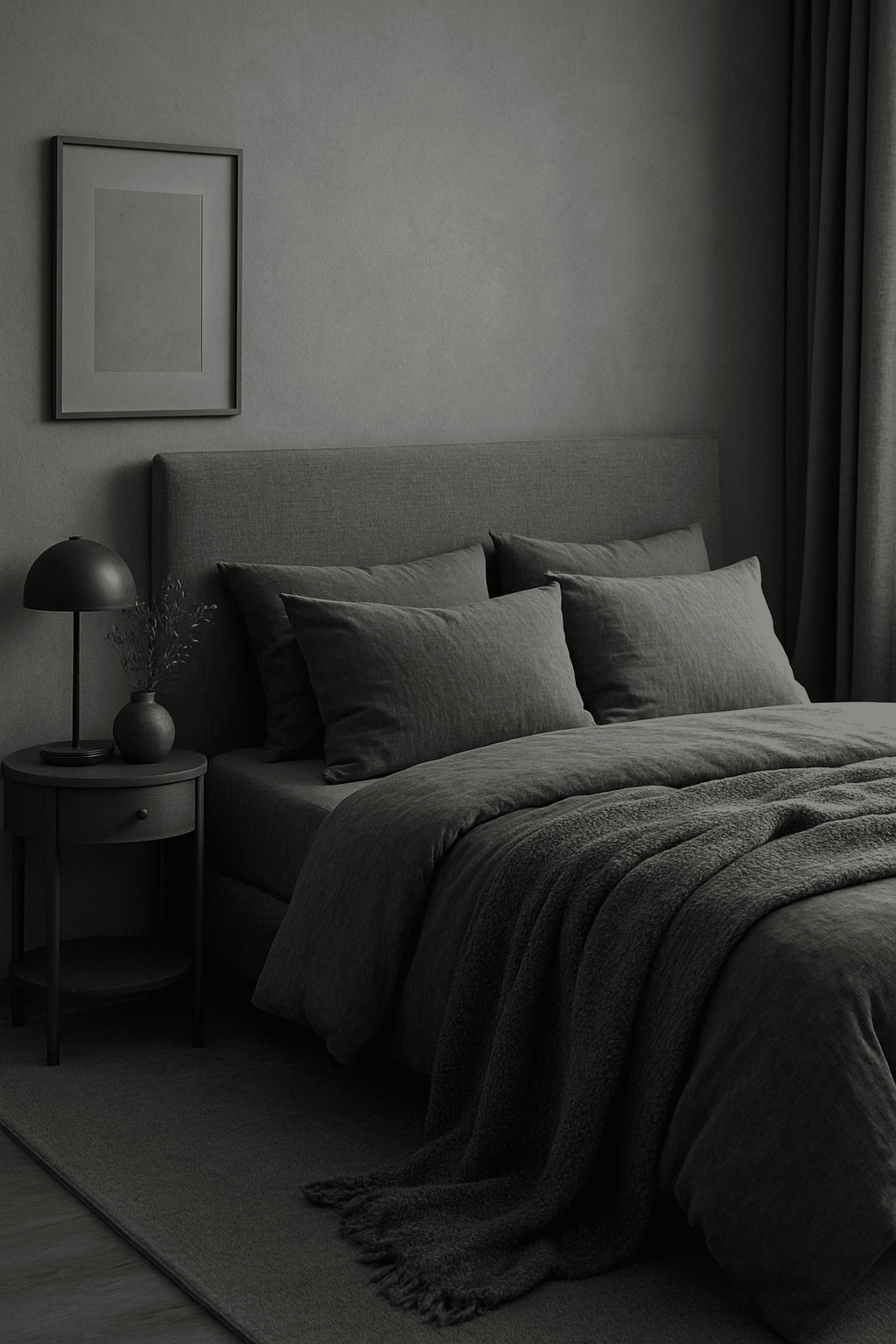 A modern gray bedroom featuring a gray bed with textured bedding, a bedside table, and gray walls.