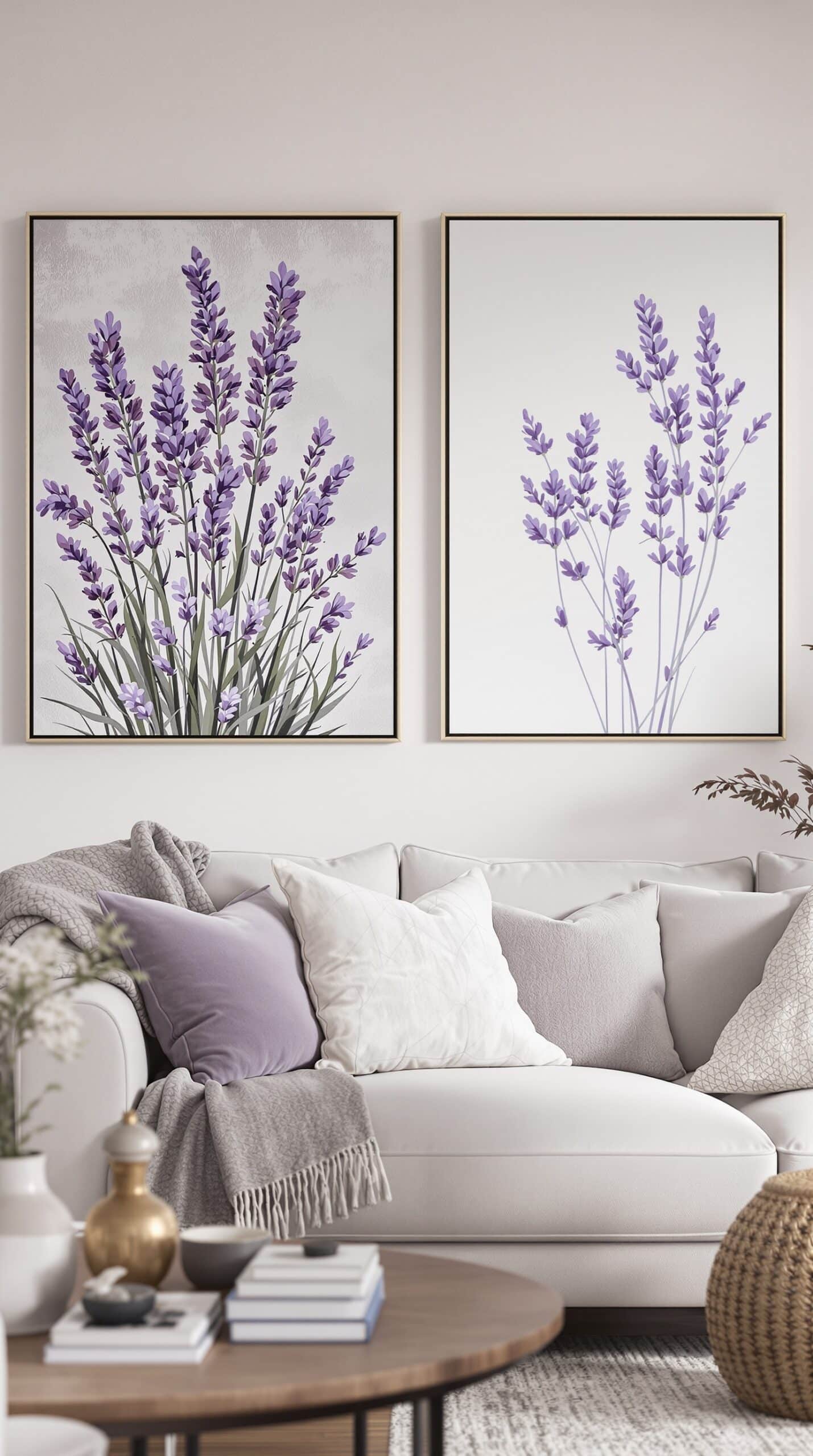 A stylish living room featuring lavender artwork on the wall, a light-colored couch, and a coffee table.