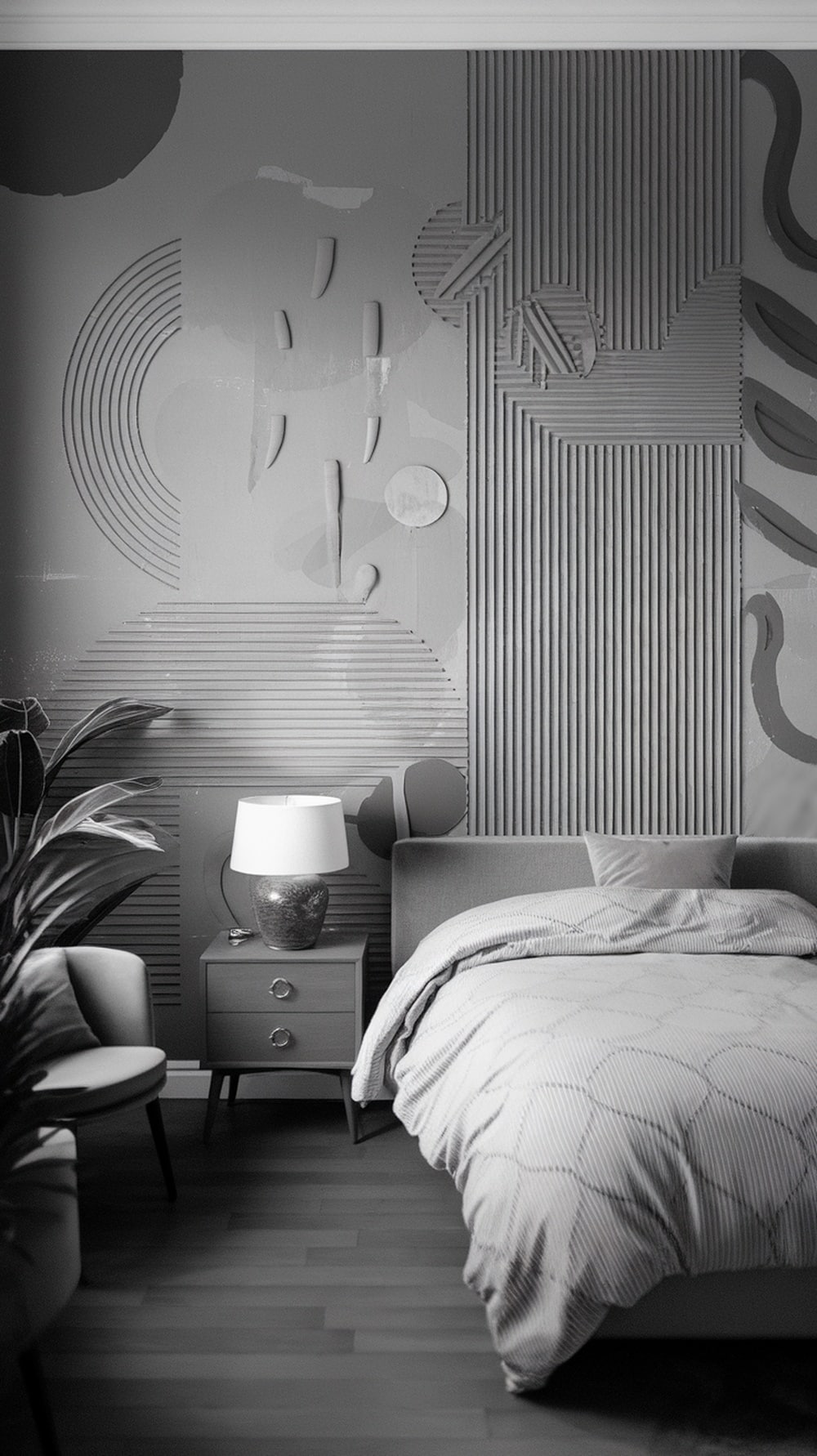 A minimalist black and white bedroom featuring textured wall art made of layered white paper and dark bedding.