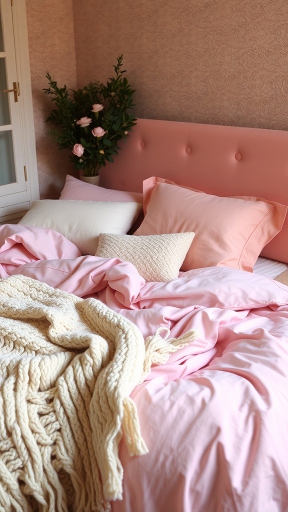A cozy bed with soft pink bedding layers, featuring a chunky cream blanket and decorative pillows, alongside a small plant.