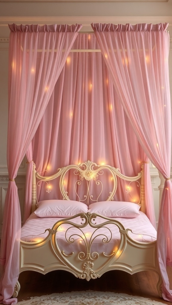 A vintage pink canopy bed with soft drapes and twinkling lights.