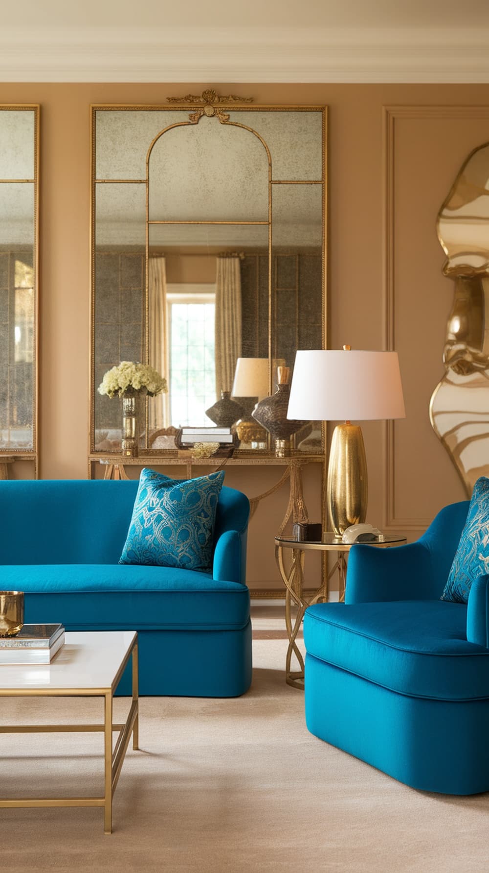 A luxurious living room featuring peacock blue walls, gold accents, and elegant furniture.