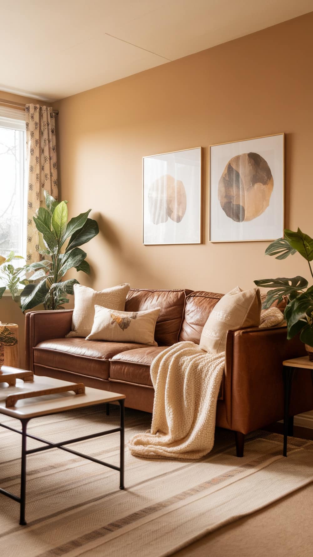 A warm living room featuring Accessible Beige walls, a brown leather sofa with decorative pillows, plants, and modern art.