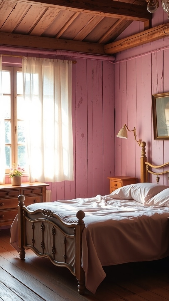 A rustic pink bedroom with wooden accents, featuring a bed, nightstand, and large windows.
