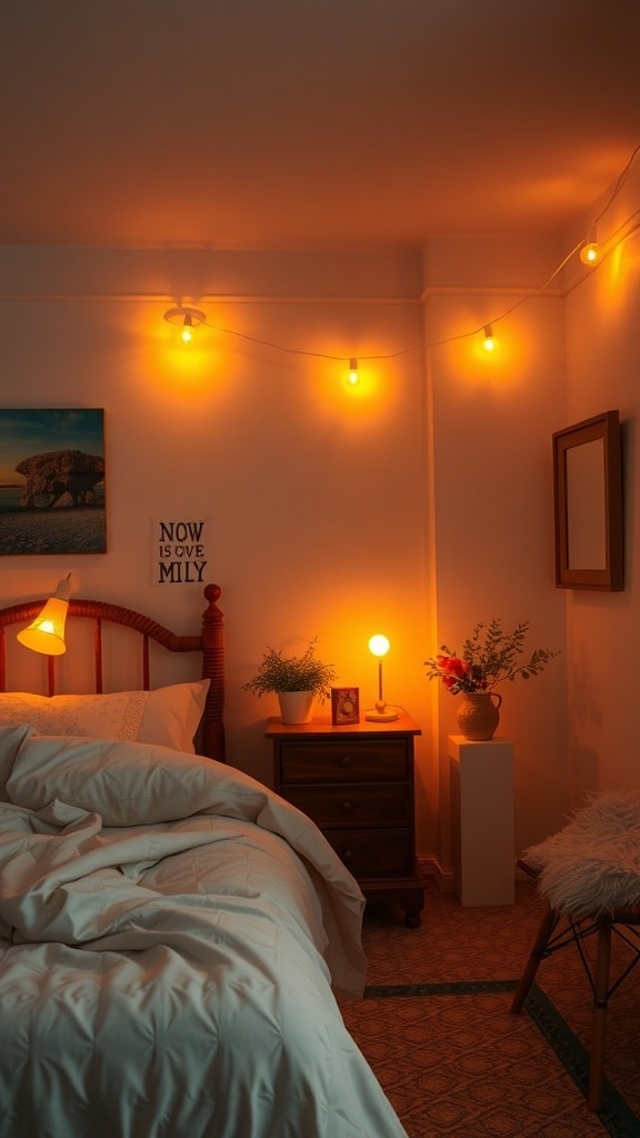 A cozy bedroom with warm orange lighting from string lights and bedside lamp.