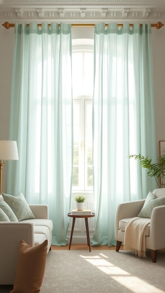 A living room with soft mint curtains draping elegantly by a window, featuring a light-colored chair and wooden accents.