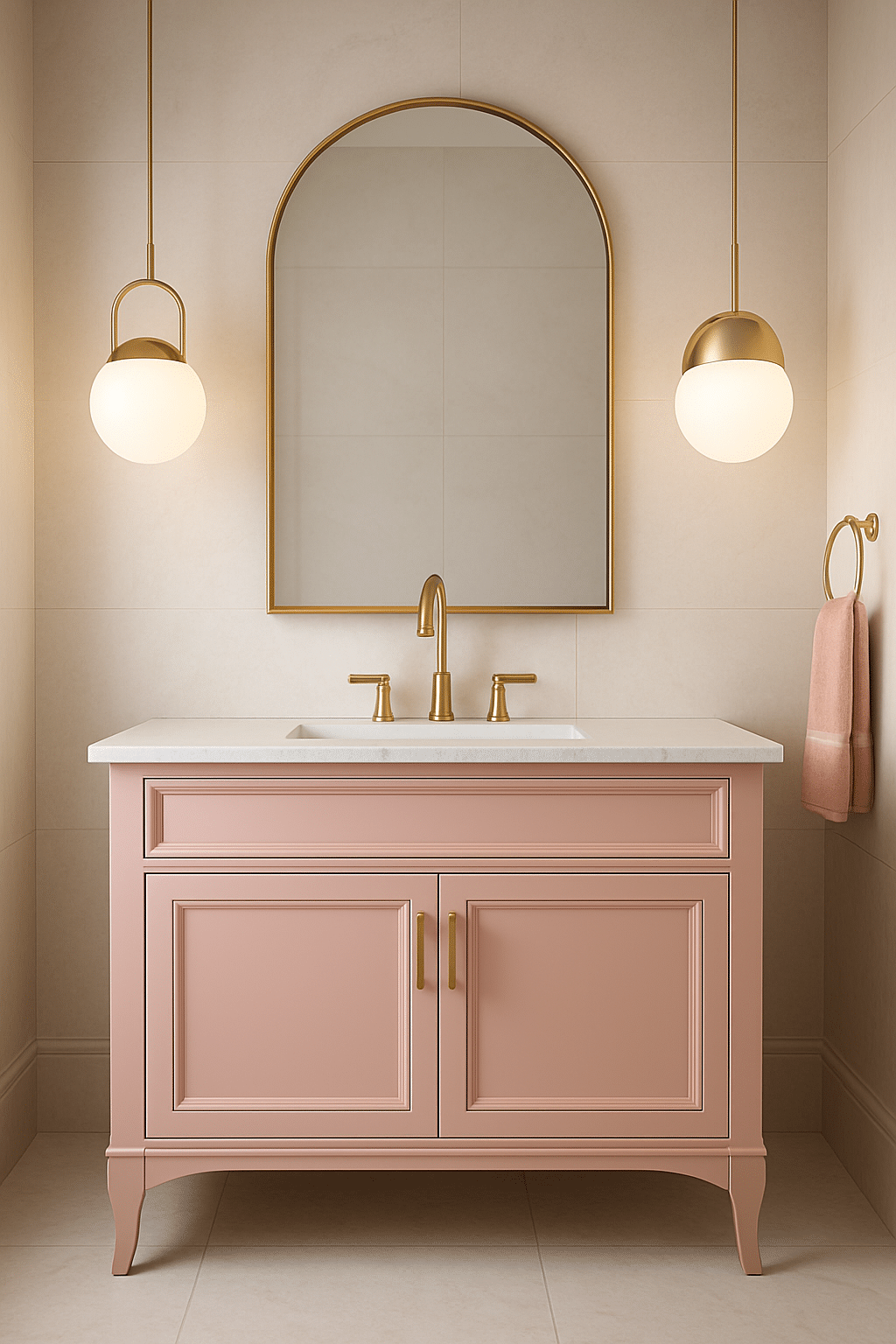 A cozy blush pink bathroom featuring a vanity with gold hardware and pendant lighting.