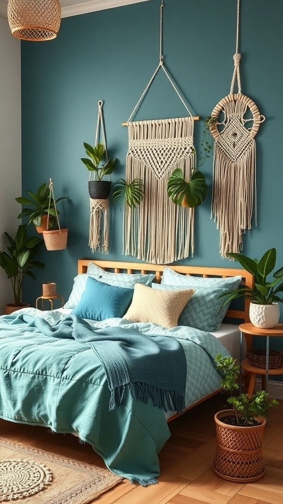 A cozy bohemian bedroom with teal walls, layered bedding, and hanging plants.