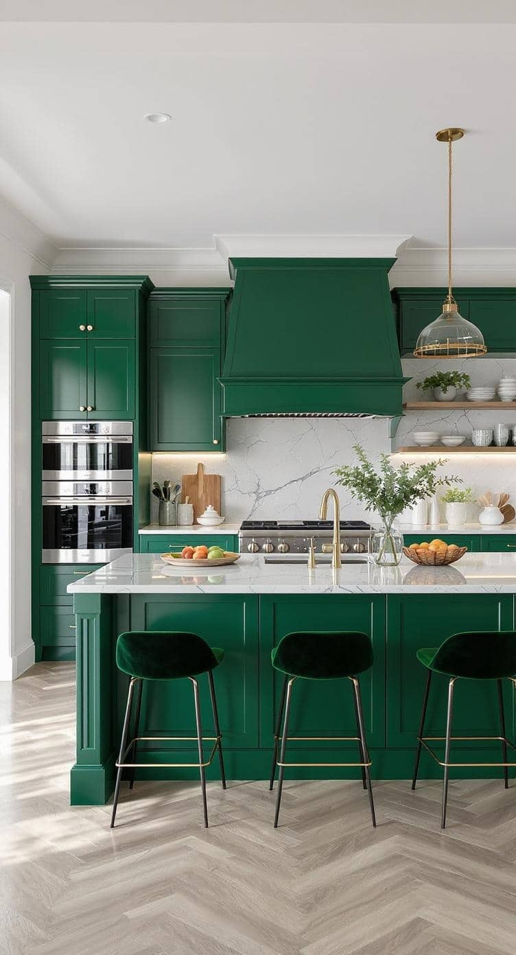 Stylish emerald green kitchen island with white countertop and gold accents