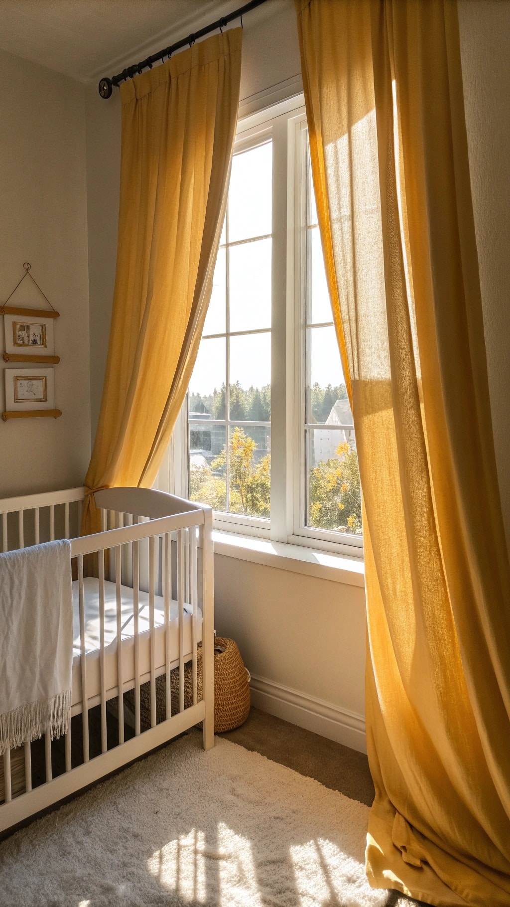 A serene nursery with mustard yellow curtains, a white crib, and soft lighting.