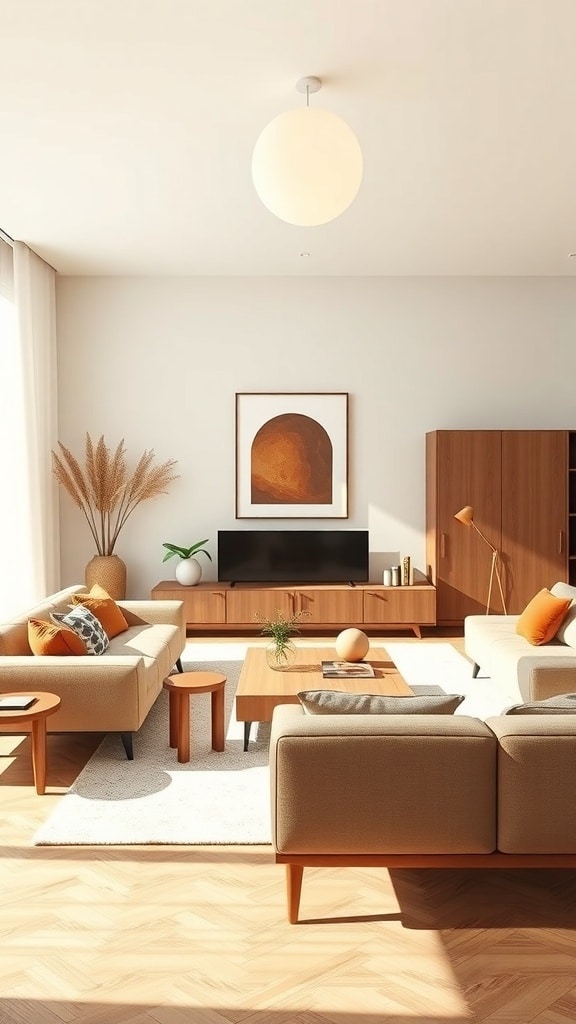 A minimalist caramel living room featuring simple geometric shapes in furniture and decor.