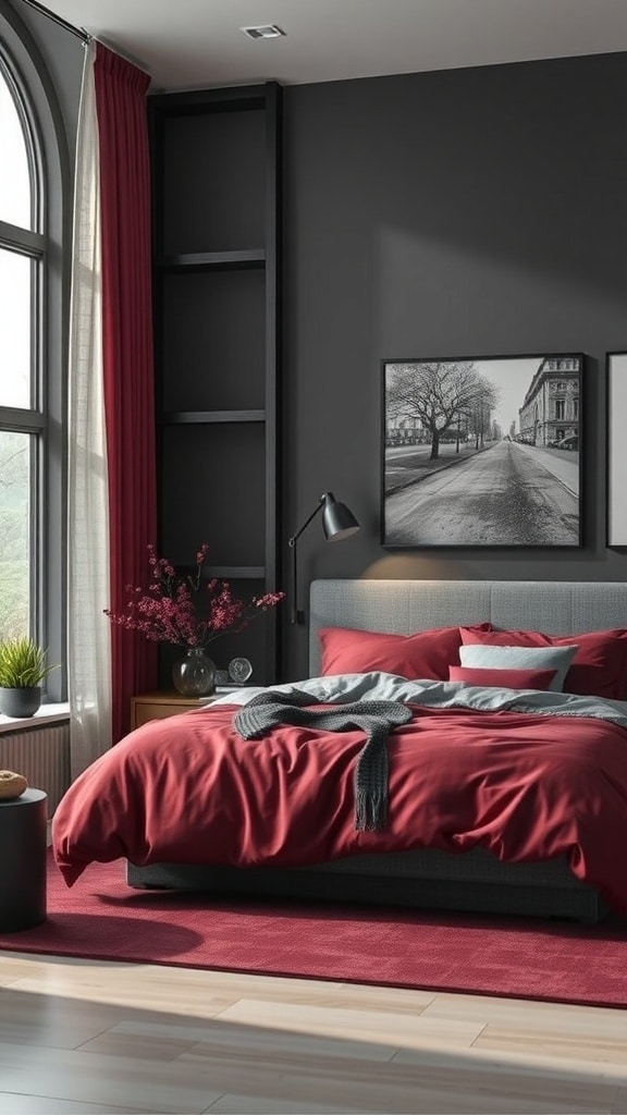 A cozy bedroom featuring burgundy bedding and gray walls, with natural light and decorative elements.