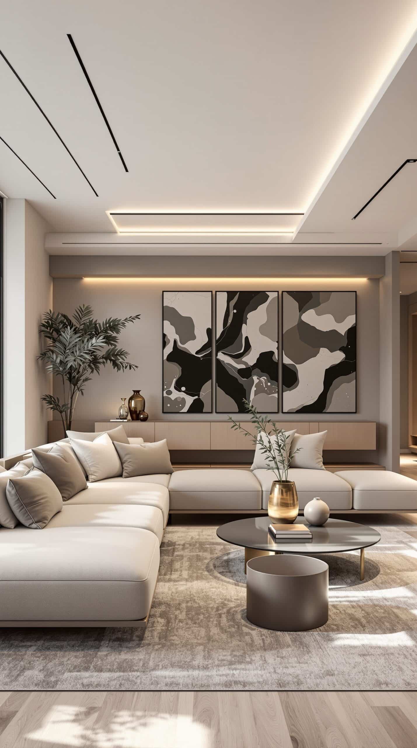 A minimalist taupe living room featuring two taupe sofas, a low coffee table, and light wood flooring.