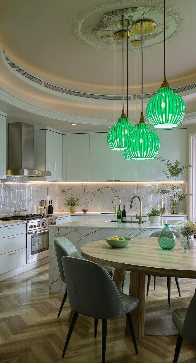 Stylish emerald green pendant lights hanging in a modern kitchen