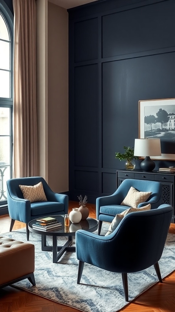 A cozy living room featuring two indigo accent chairs, a round coffee table, and large windows with curtains.