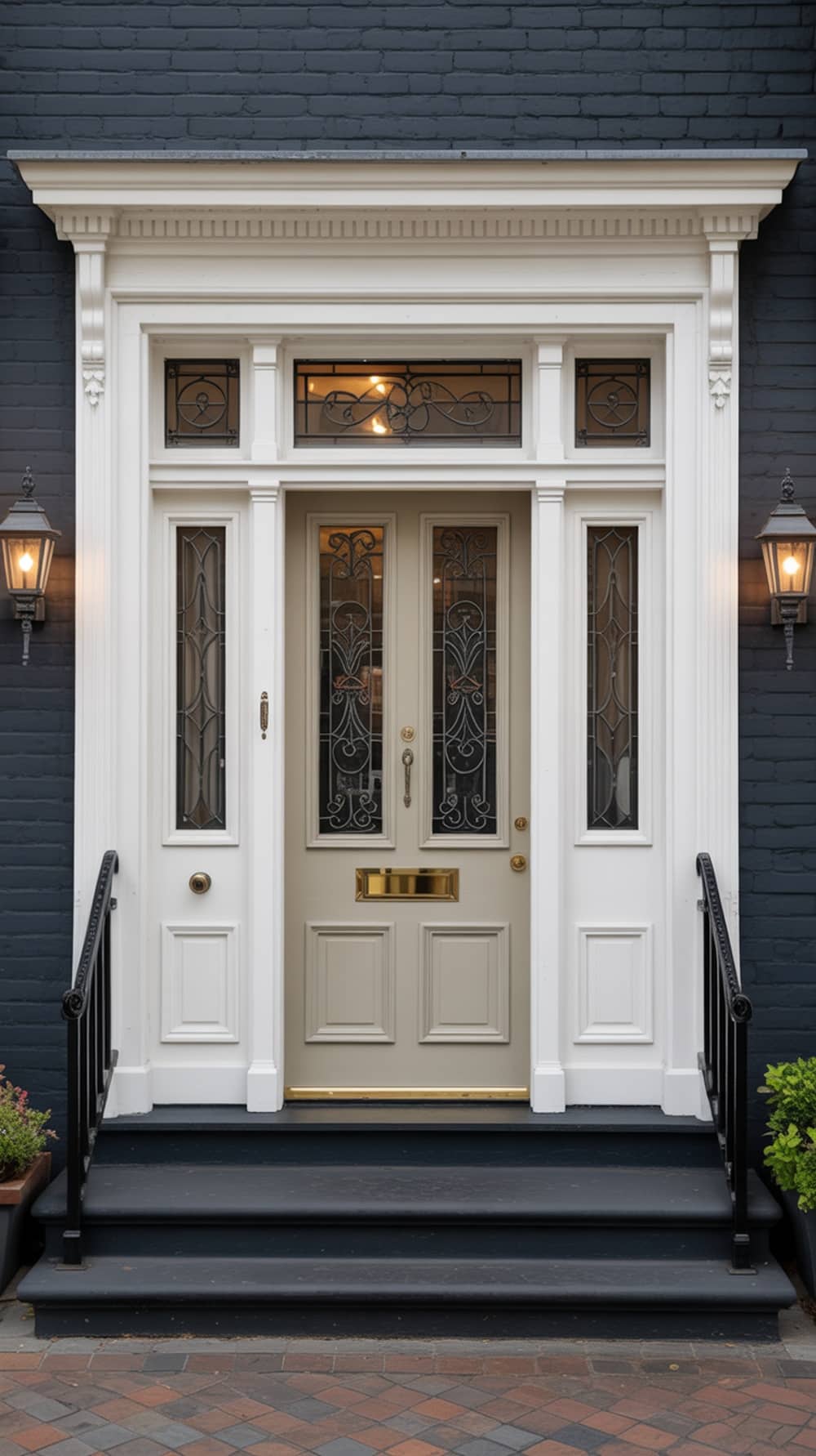 Elegant cream front door with transom windows and decorative glass panels