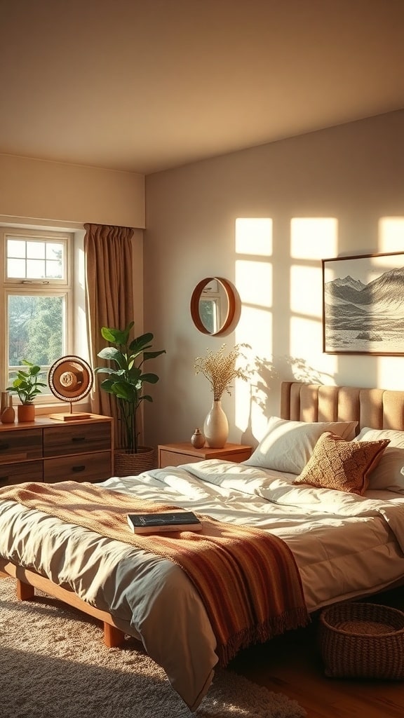 A cozy bedroom with soft lighting, earthy tones, and natural decor.