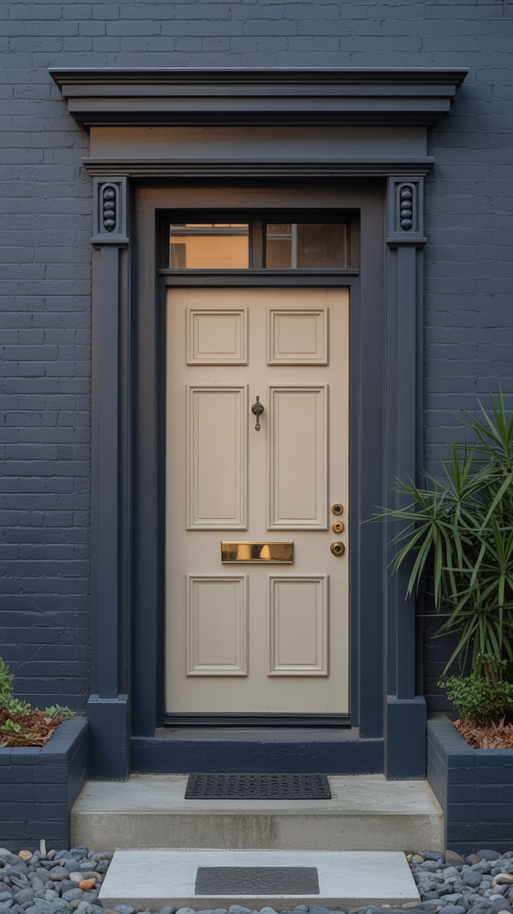 A cream front door with a dark blue frame and gold hardware