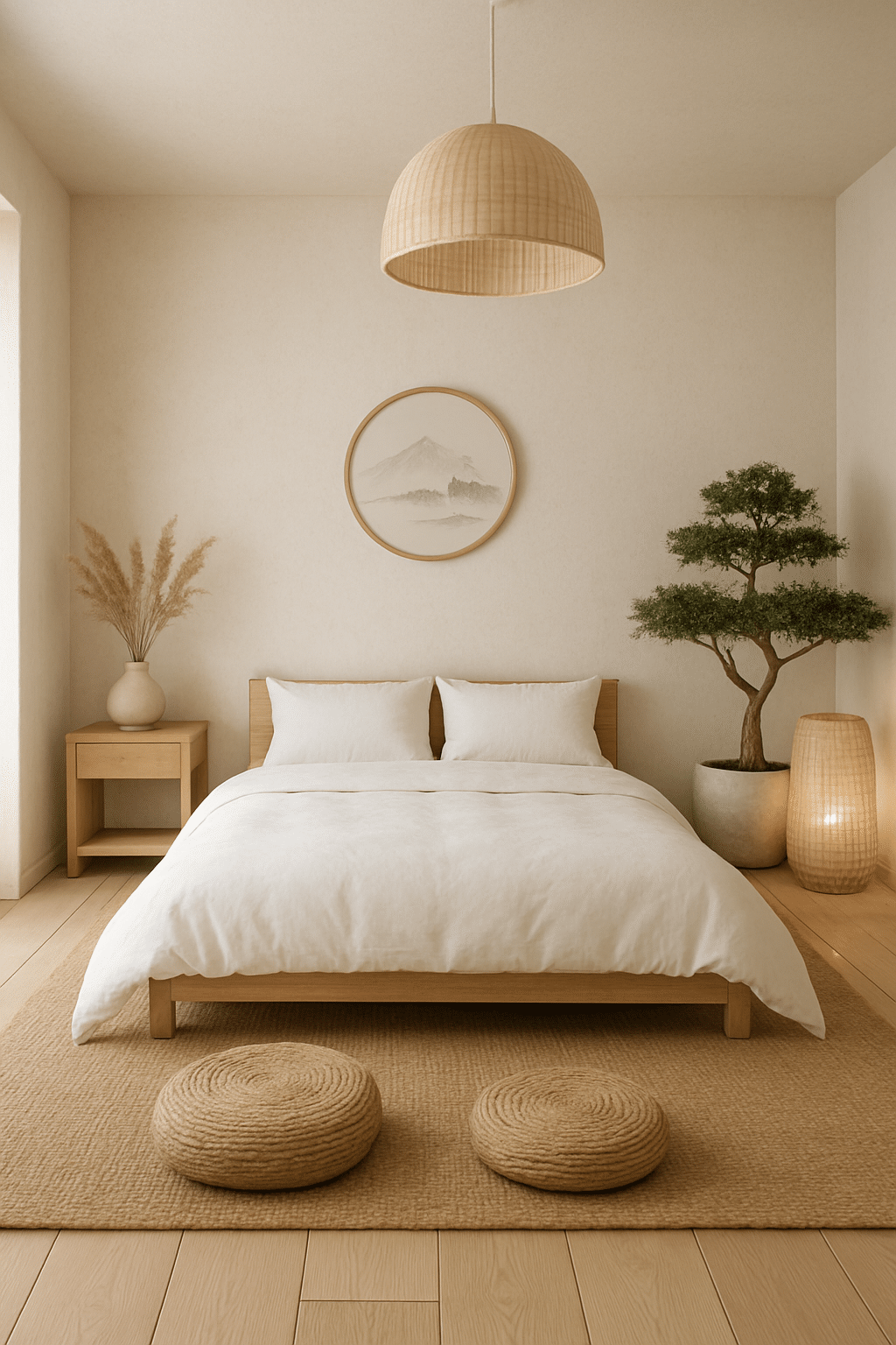 A serene white bedroom featuring a wooden bed, soft bedding, a bonsai tree, and warm lighting.