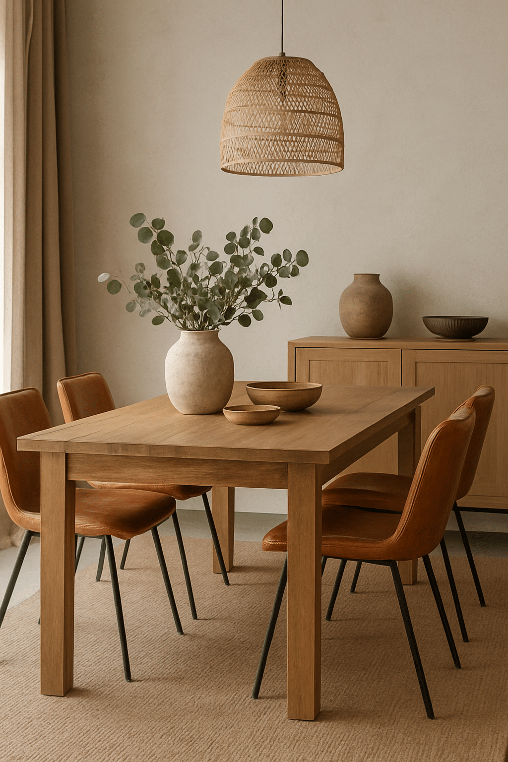 A minimalist dining room featuring a natural wood table, caramel leather chairs, and decorative elements.