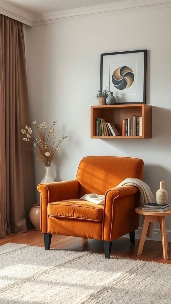 A cozy reading nook featuring a burnt sienna armchair, a side table with books and a vase, and a shelf with decorative items.