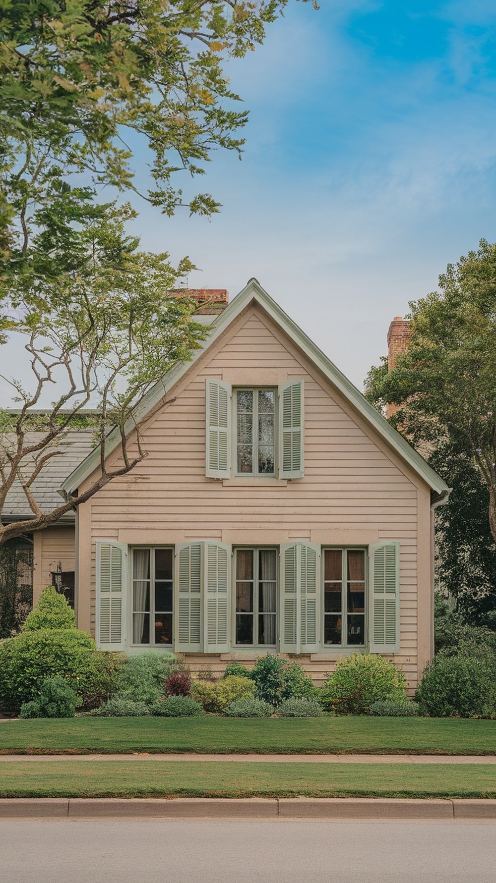Aesthetic house exterior featuring accessible beige color with sage green shutters and lush landscaping.