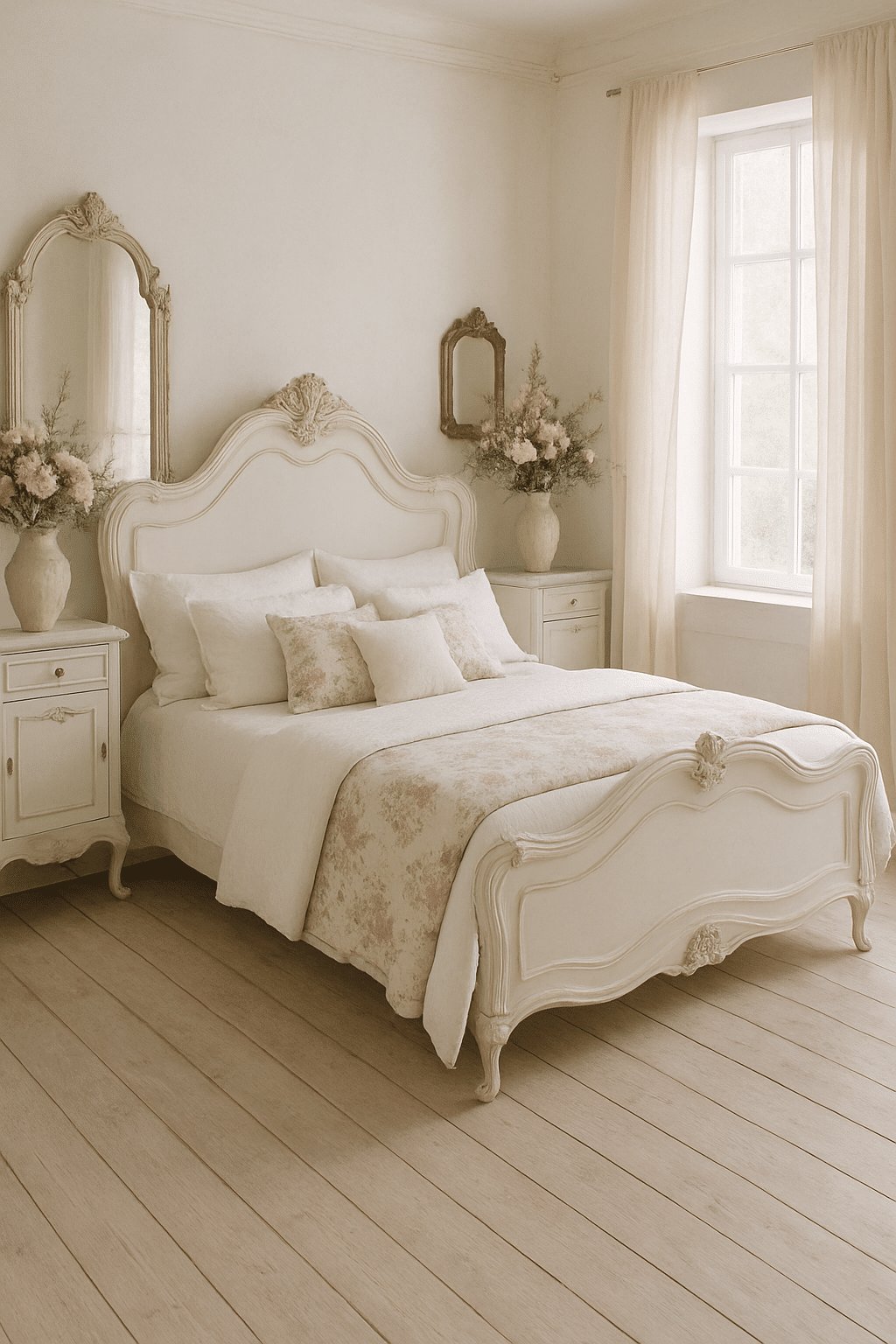 A classic French country style bedroom featuring a white bed with floral accents, elegant furniture, and natural light.