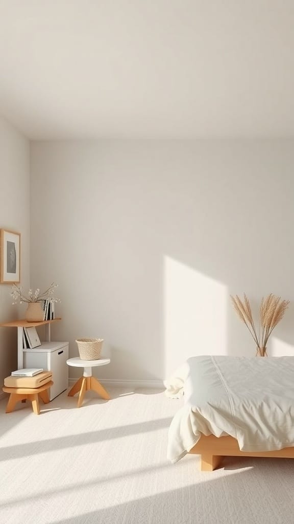 A minimalist beige bedroom featuring a simple bed, light wood furniture, and natural decor.