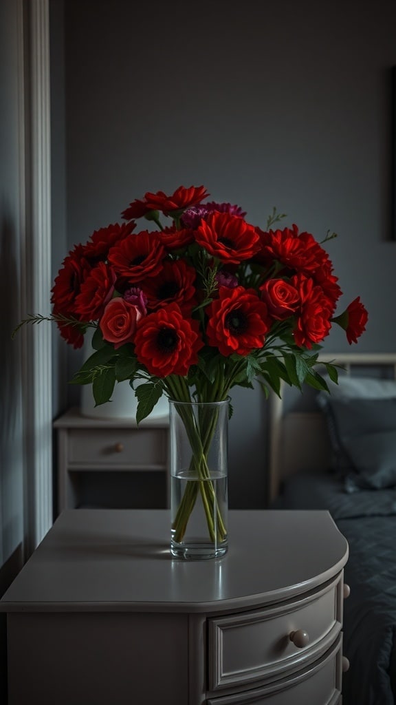 A bouquet of red flowers in a clear vase on a bedside table.