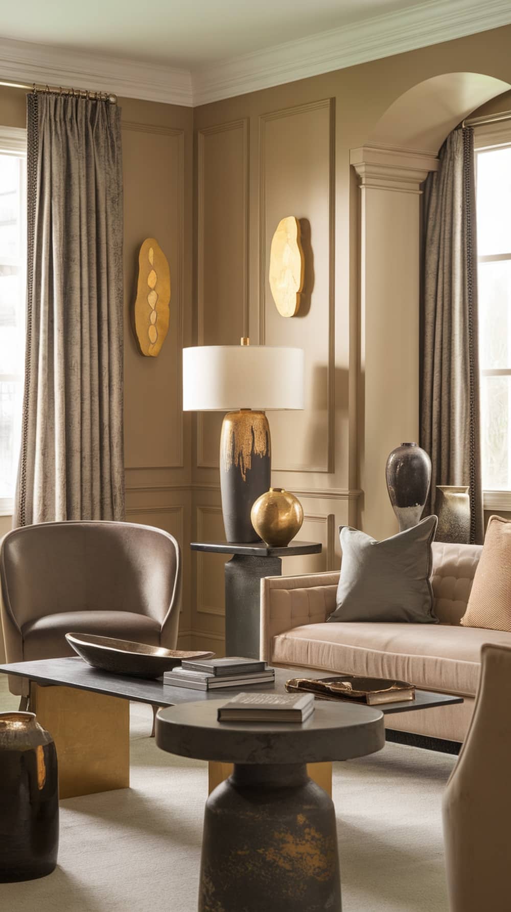 Elegant living room featuring Accessible Beige walls, gold accents, and slate decor.