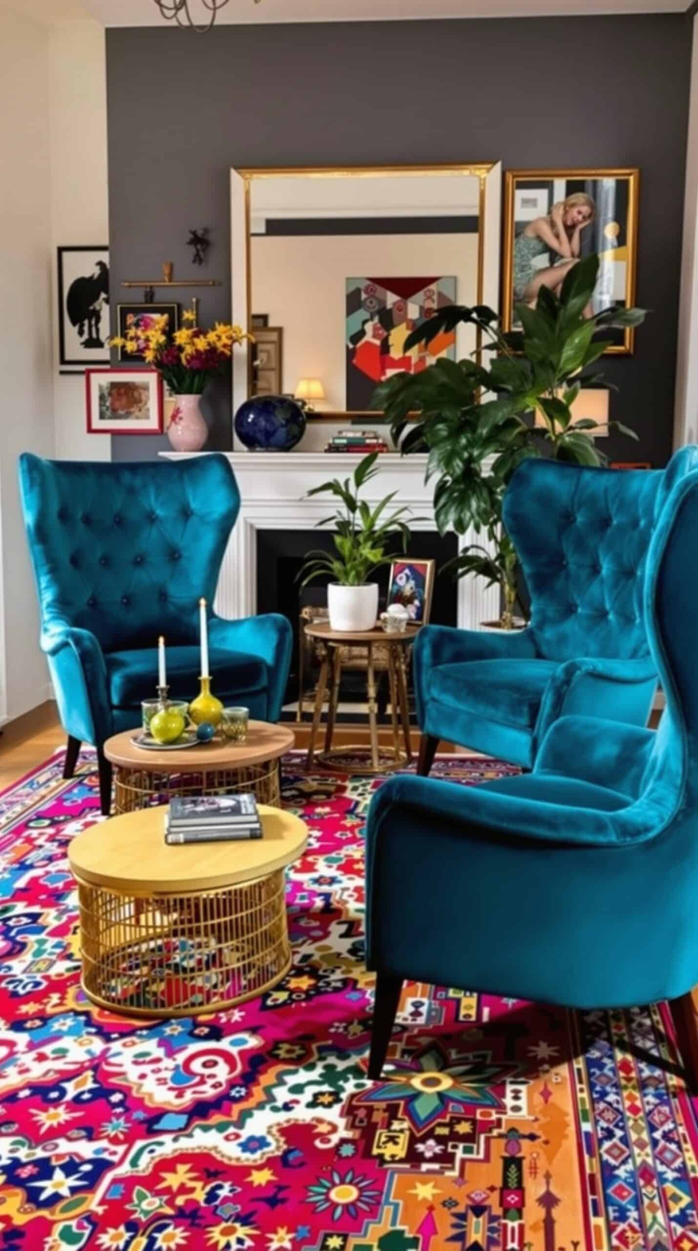 A cozy living room featuring peacock blue chairs, a white sofa, and a red rug, with portraits on the wall.