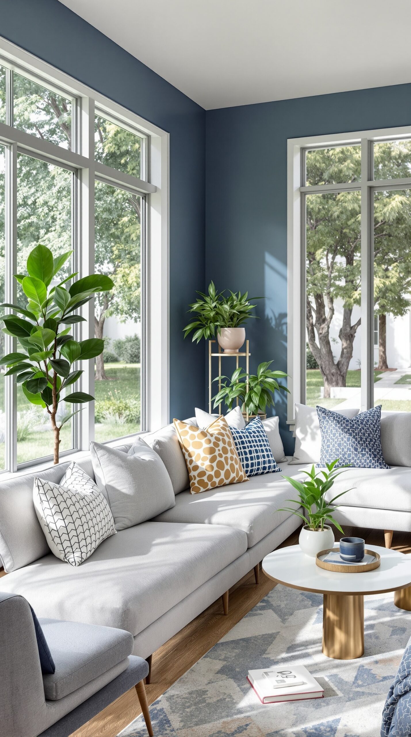 A mid-century living room with slate blue walls, large windows, and natural light.