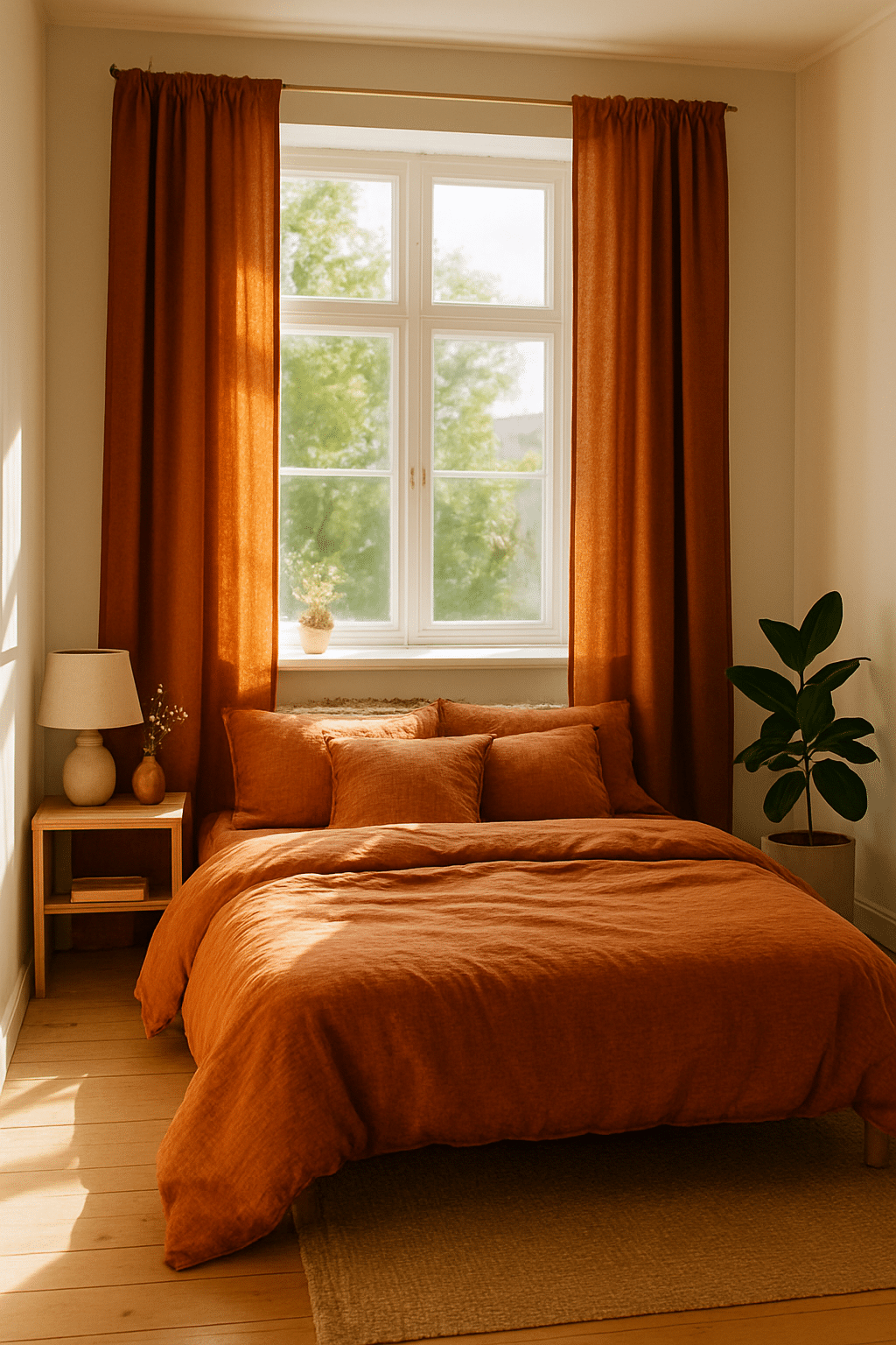 A cozy bedroom with burnt sienna bedding and curtains, illuminated by natural light from a window.