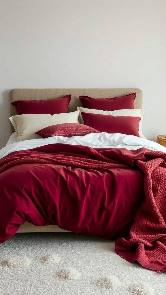 A cozy bed with deep crimson bedding and pillows, complemented by lighter colored pillows and a textured throw.
