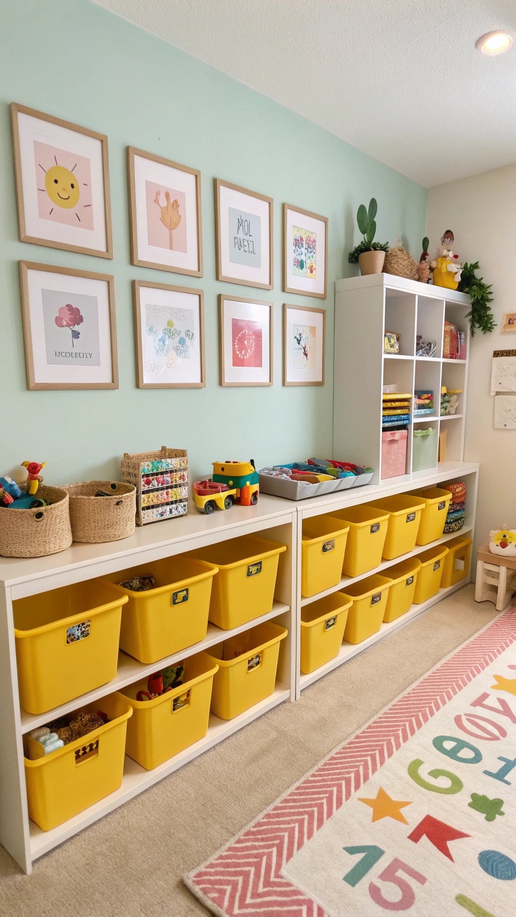 A nursery with yellow toy bins, organized shelves, and cheerful wall art.