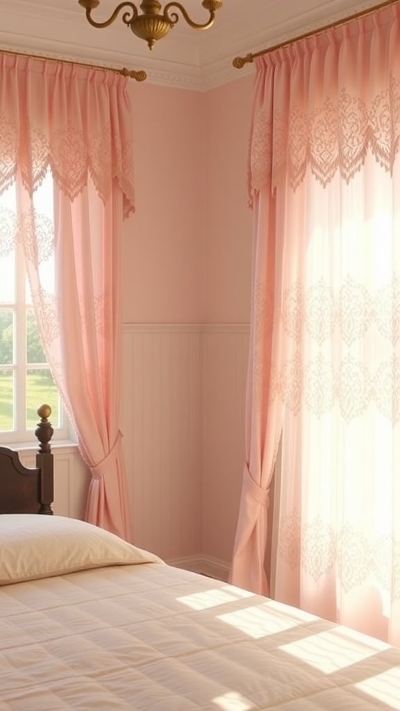 A vintage pink bedroom featuring delicate lace curtains that softly filter sunlight.