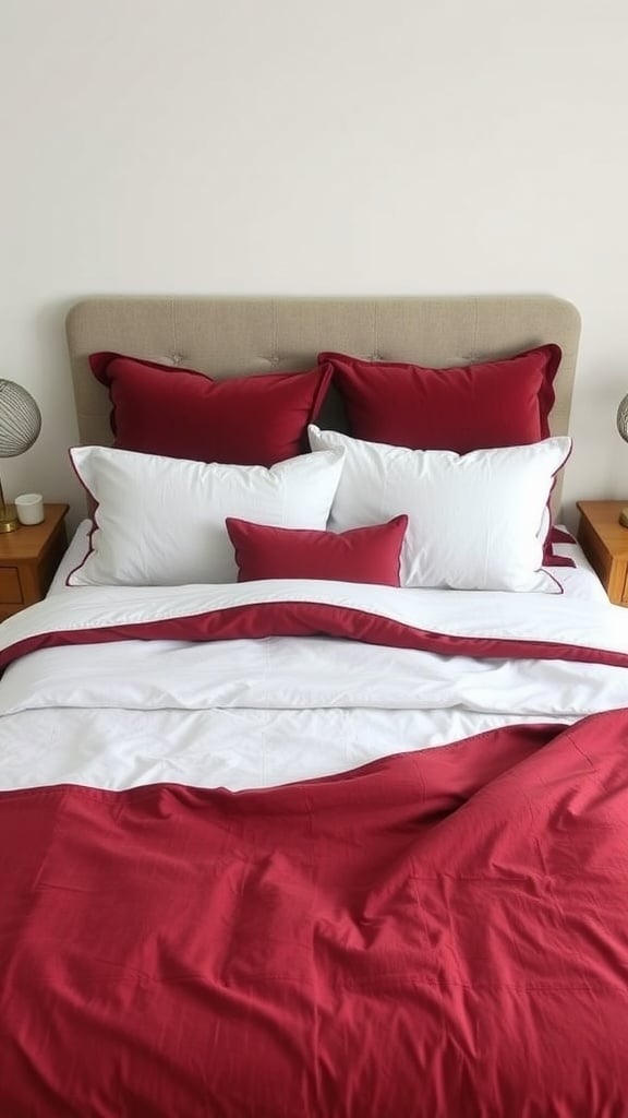 A neatly made bed with burgundy and white bedding, featuring various pillows and a duvet.